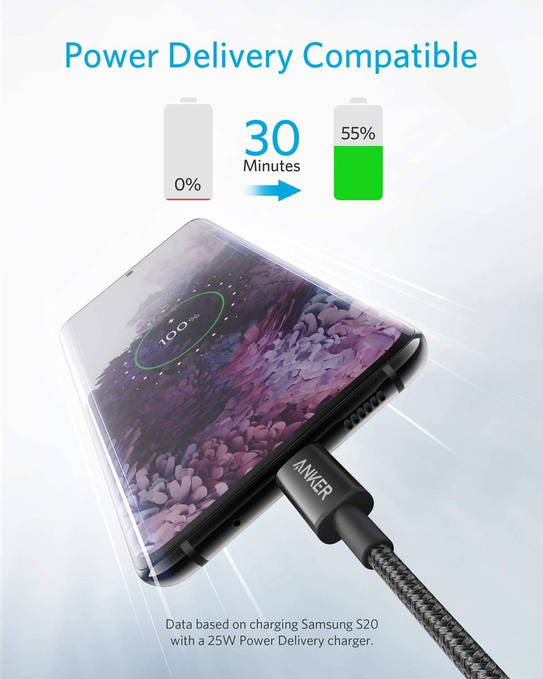 with USB-C cable charging smartphone for power delivery