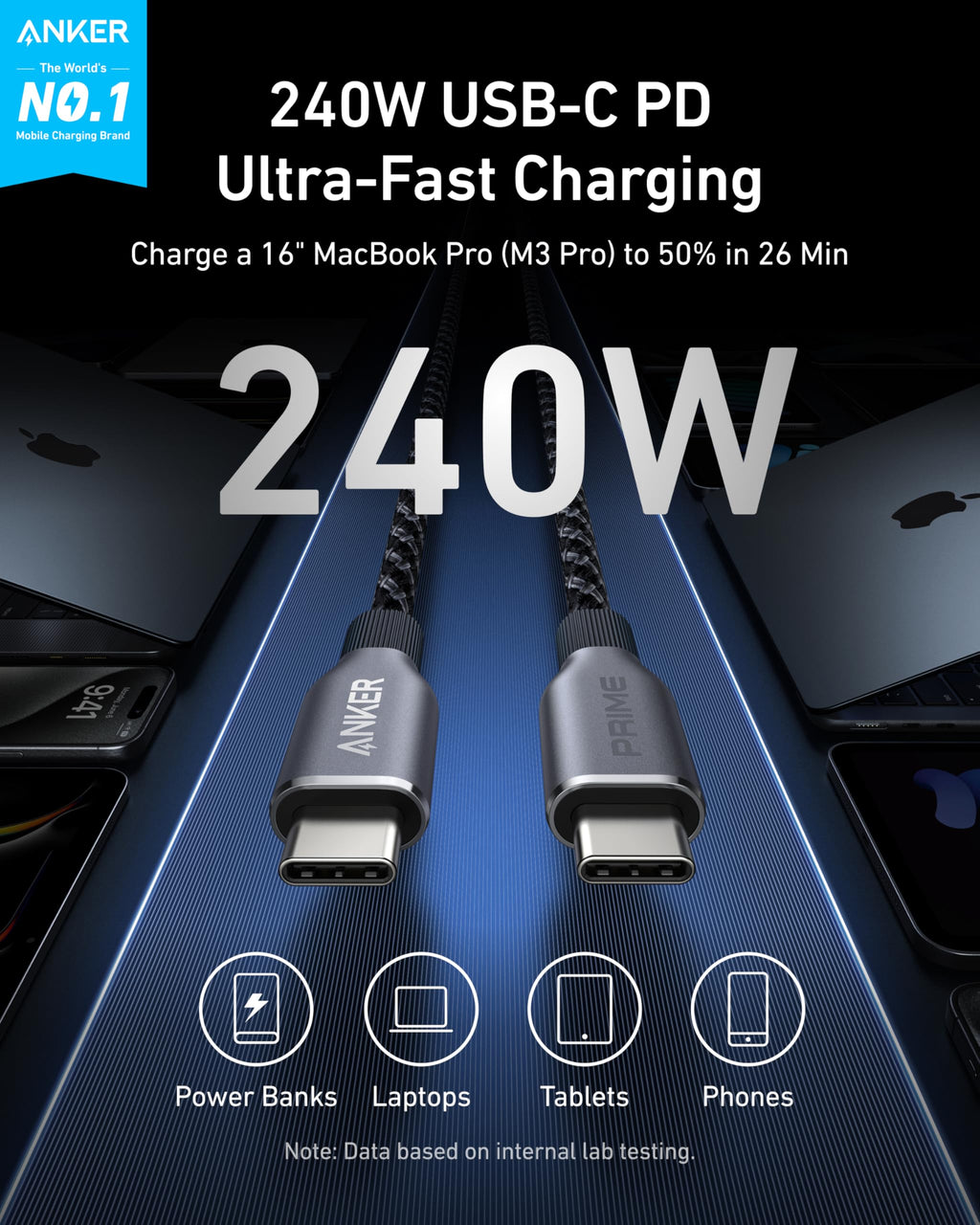 240W USB-C cable with ultra-fast charging for laptops