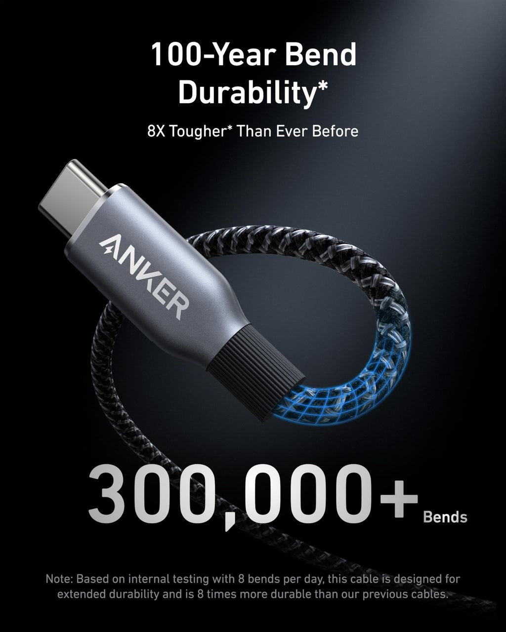USB-C cable with high durability for 300,000+ bends