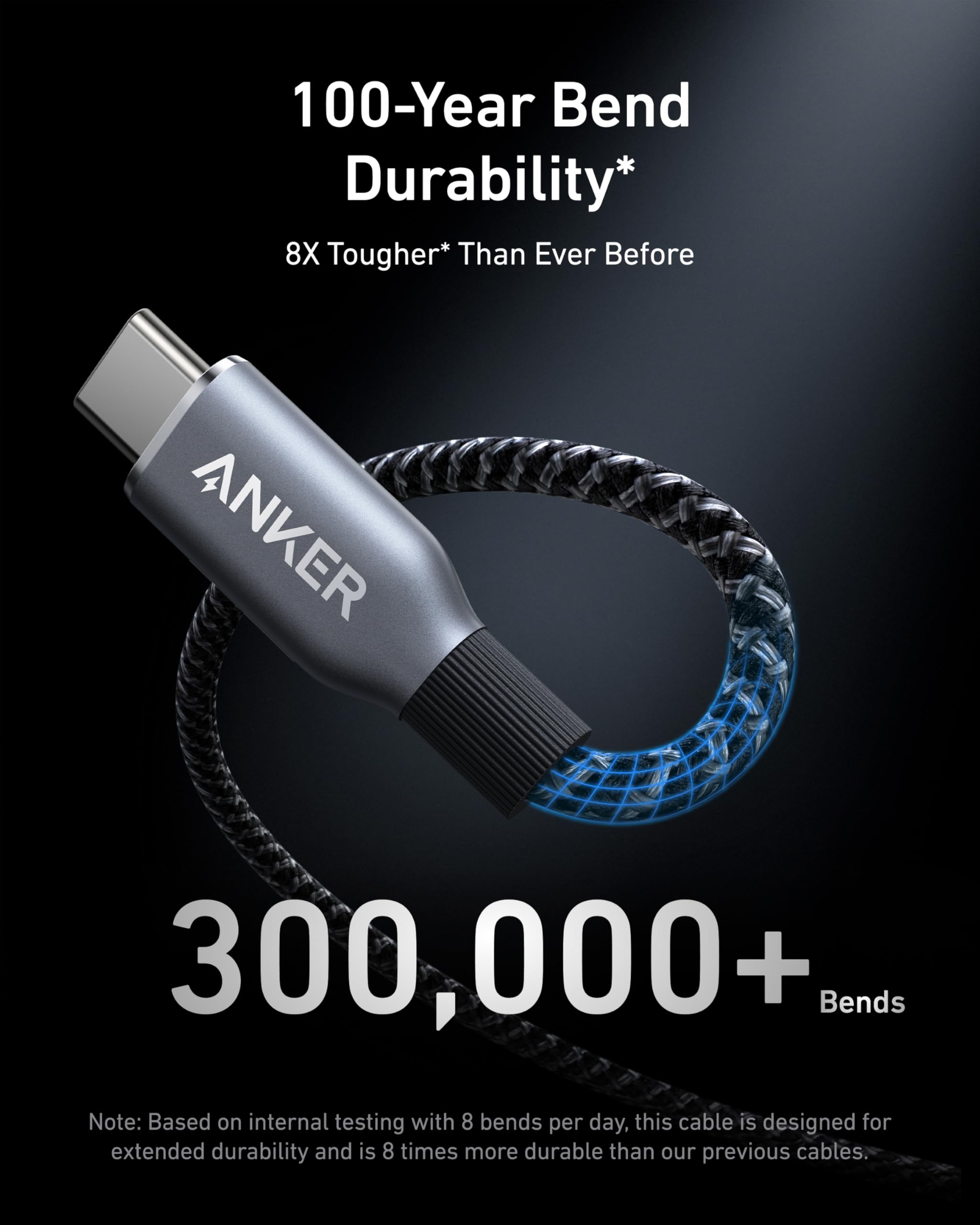 USB-C cable with high durability for 300,000+ bends