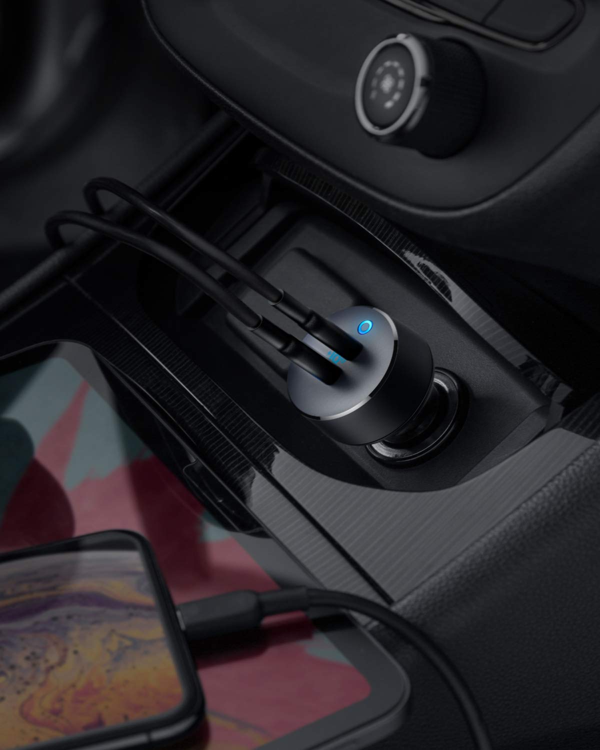 car charger with two connected cables for charging devices