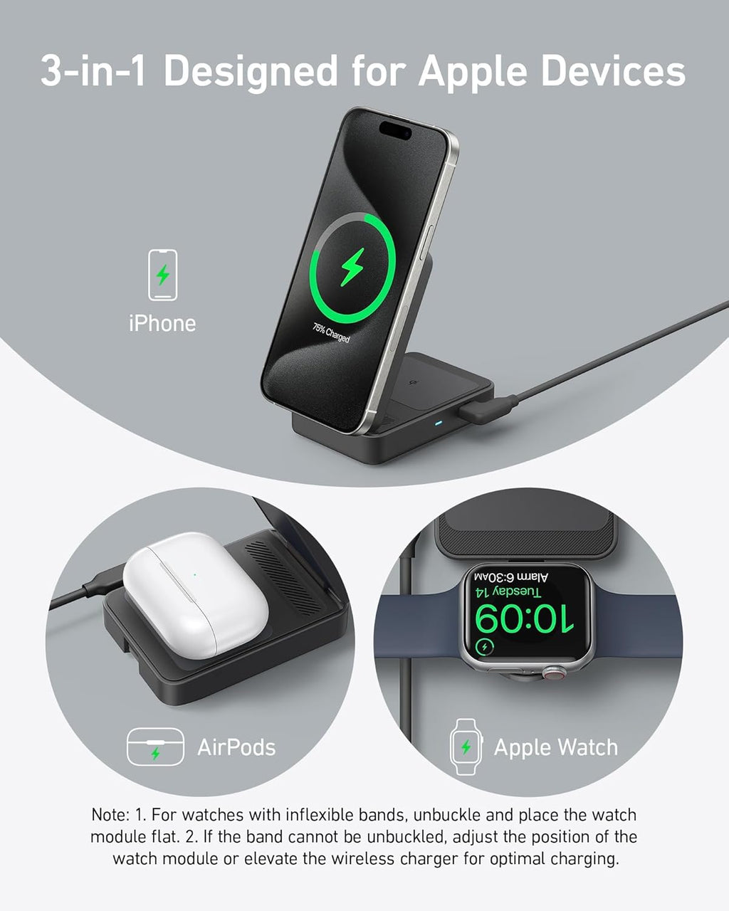 3-in-1 wireless charger with iPhone, AirPods, Apple Watch