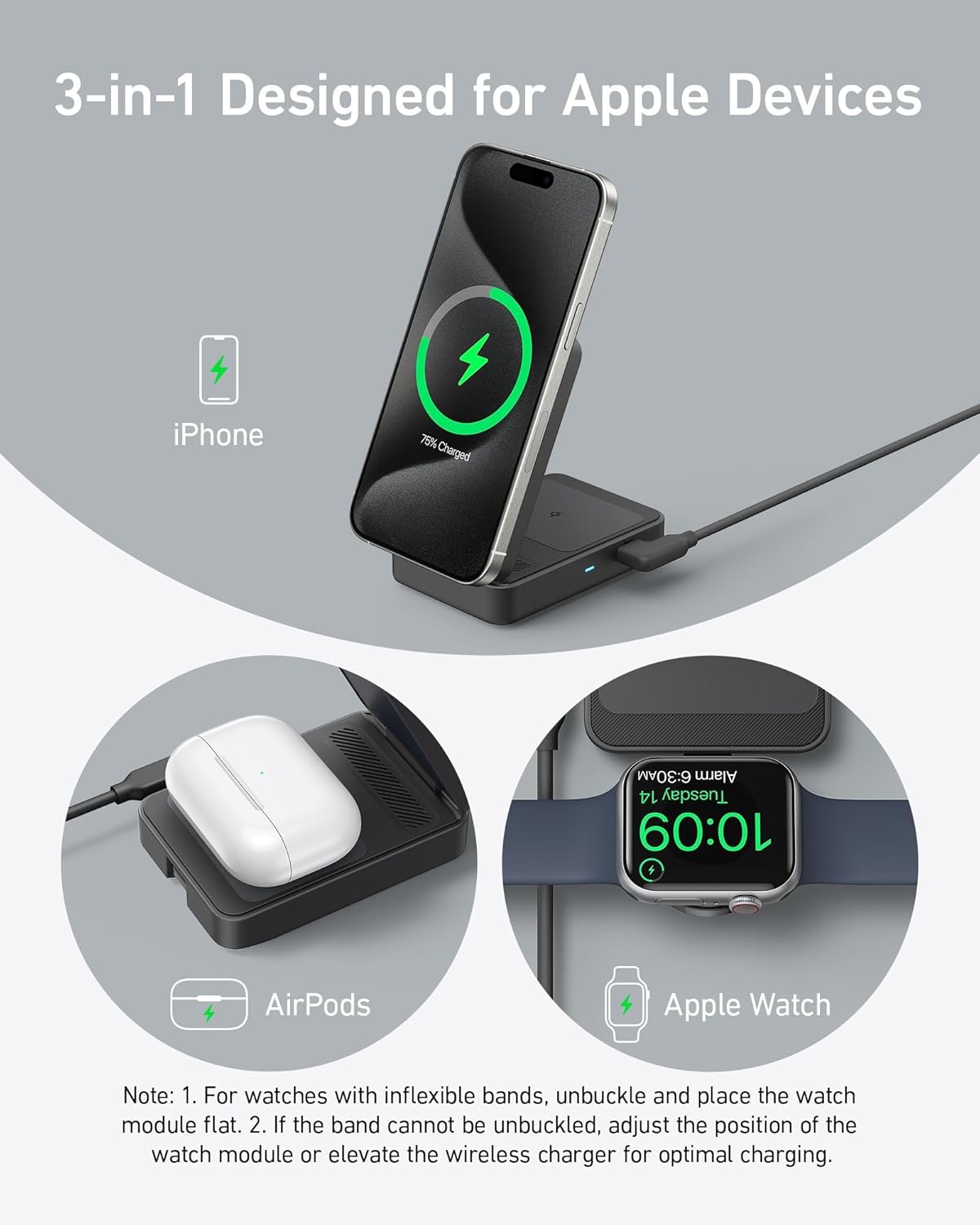 3-in-1 wireless charger with iPhone, AirPods, Apple Watch