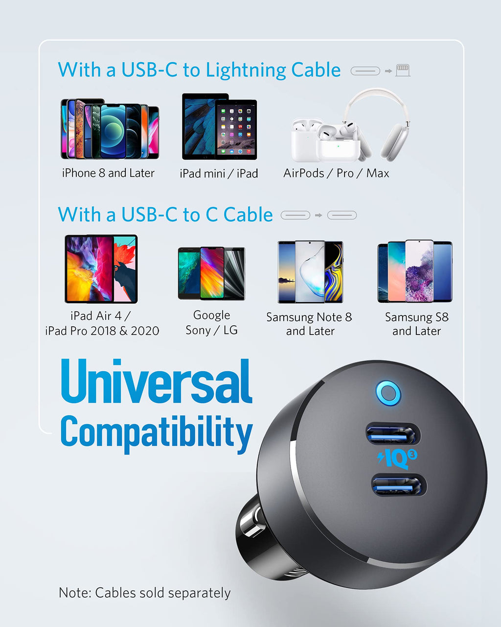 dual USB-C car charger, compatible with iPhone and Samsung