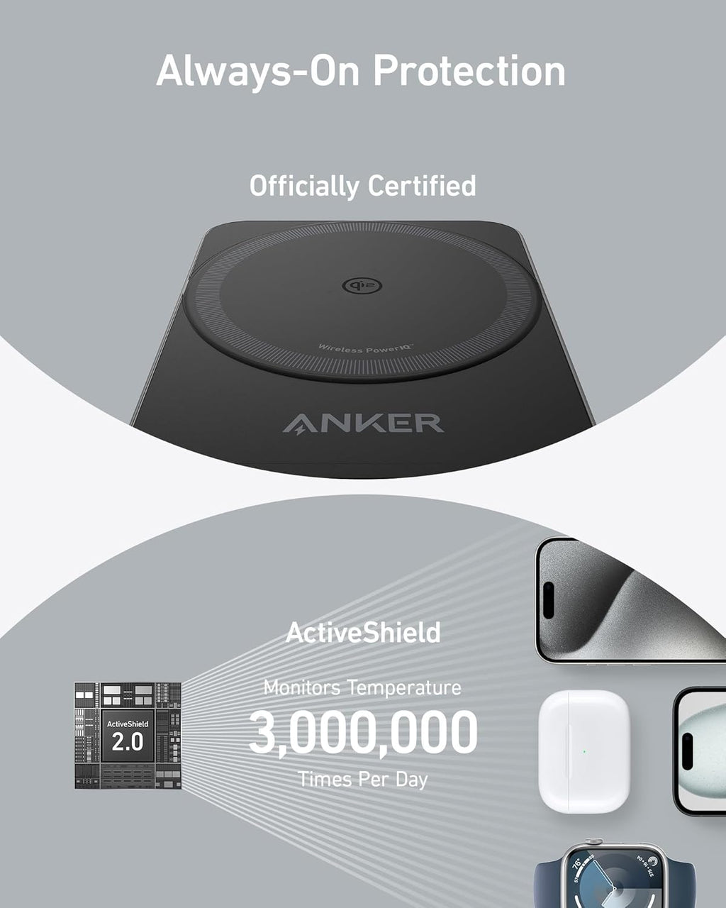 certified wireless charger with ActiveShield for Apple devices