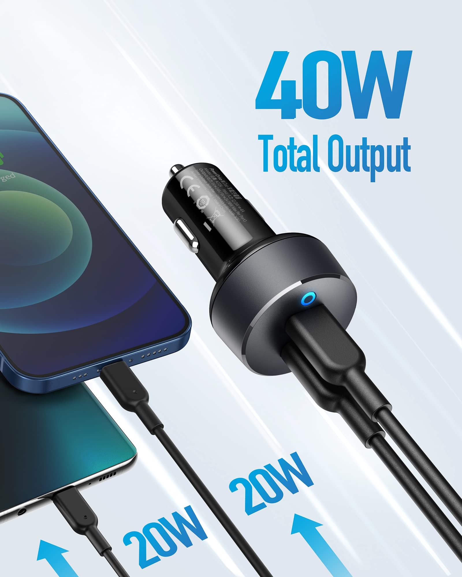 car charger delivering 40W total output for Keyword