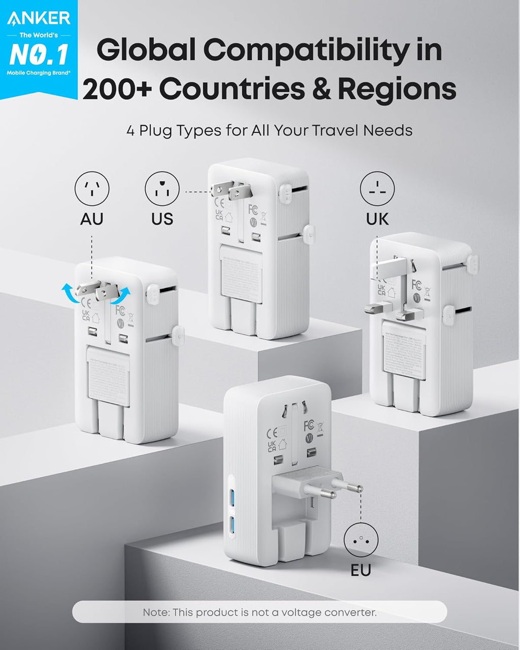 with 4 plug types for global compatibility
