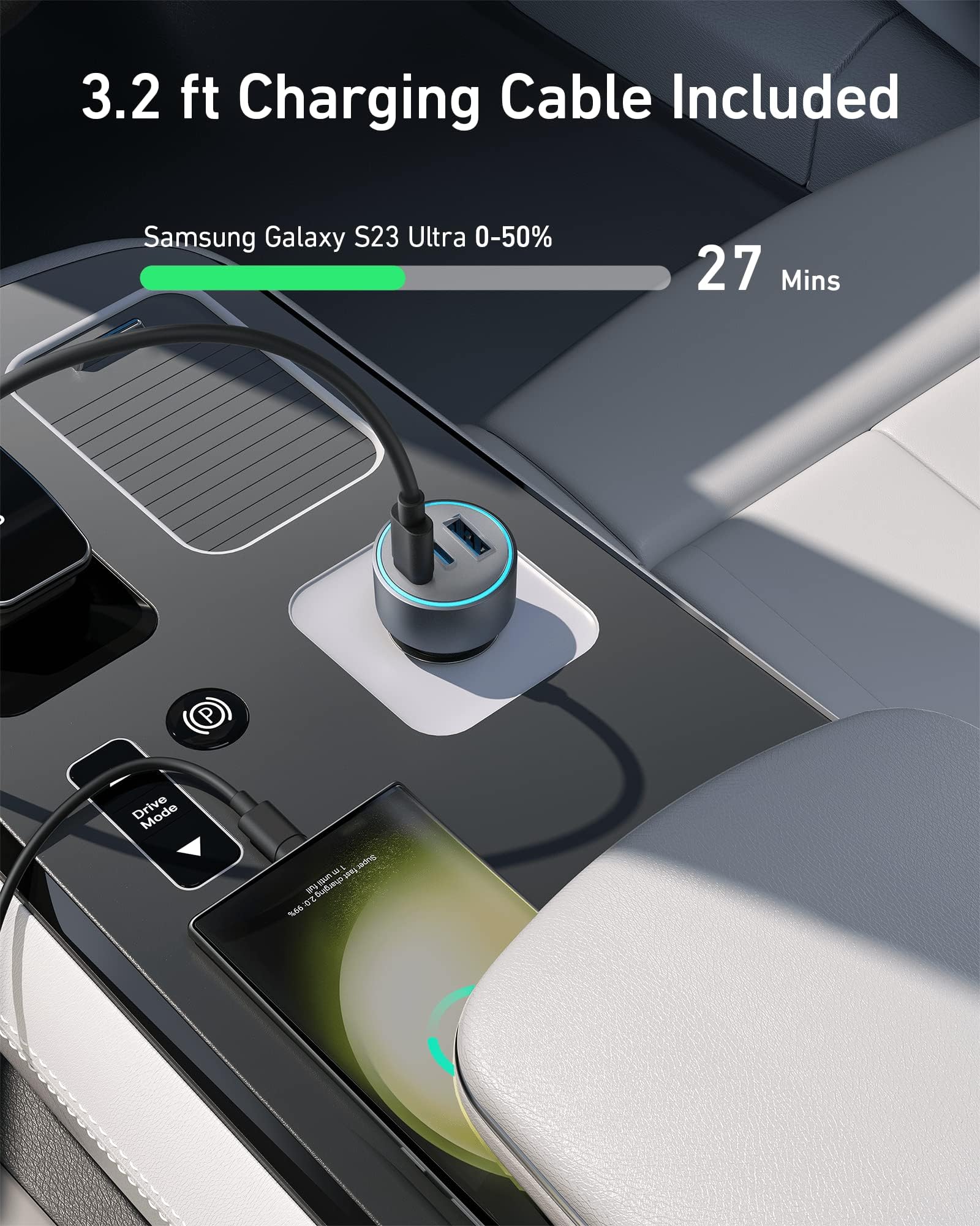 car charger with 3.2 ft cable for fast charging