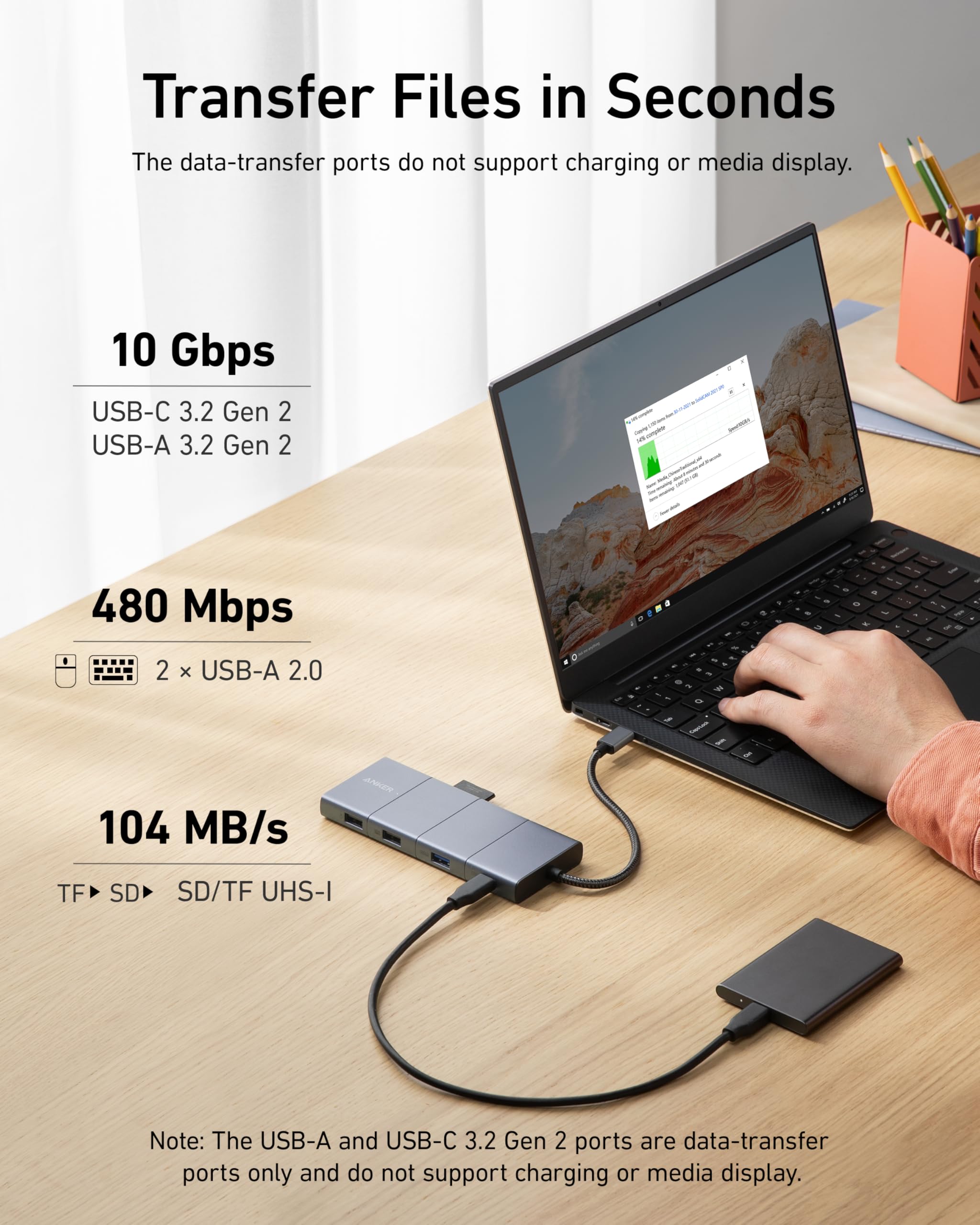 11-in-1 hub with USB-A and USB-C ports for Transfer Files in Seconds.