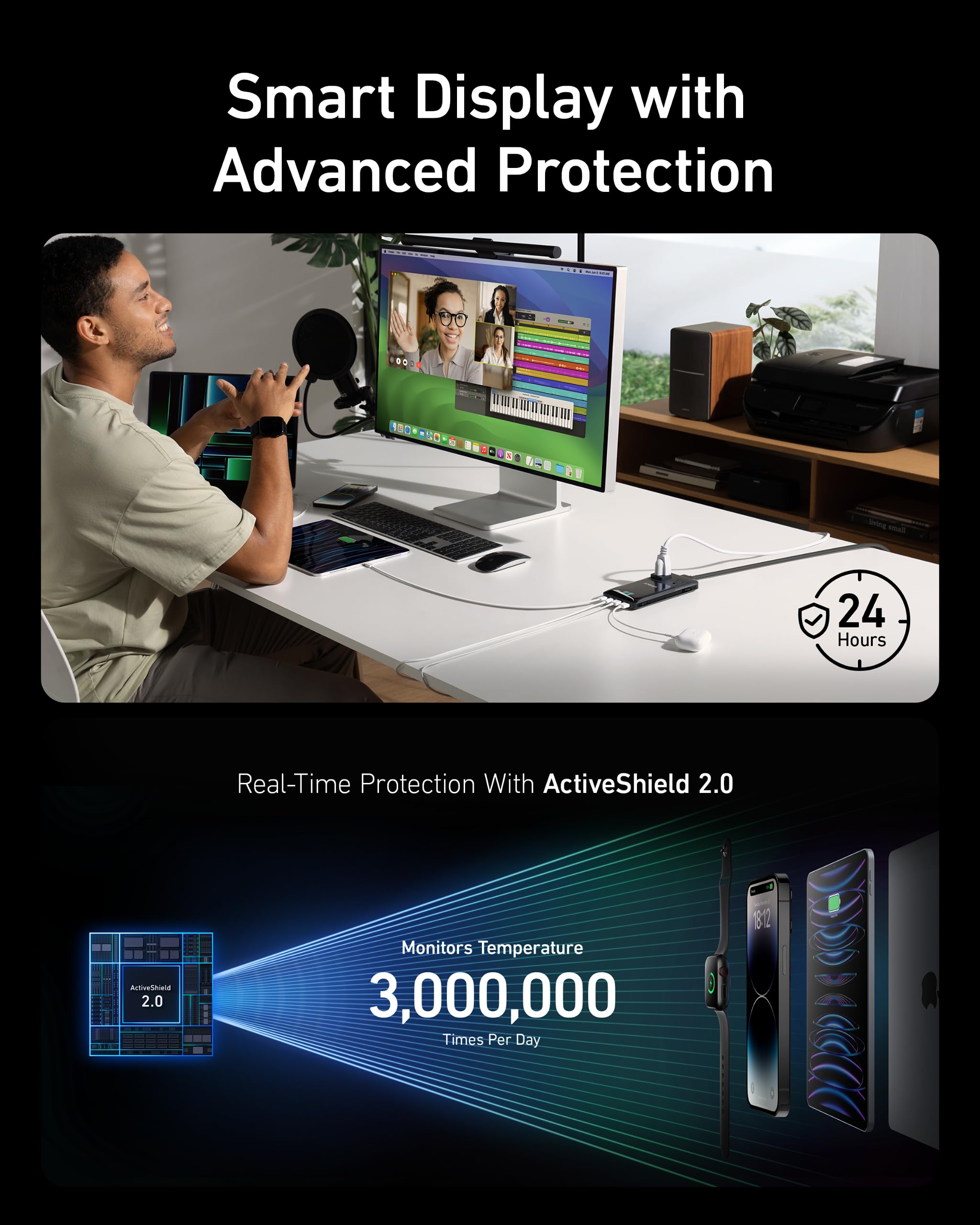smart display showing advanced ActiveShield 2.0 protection for charging