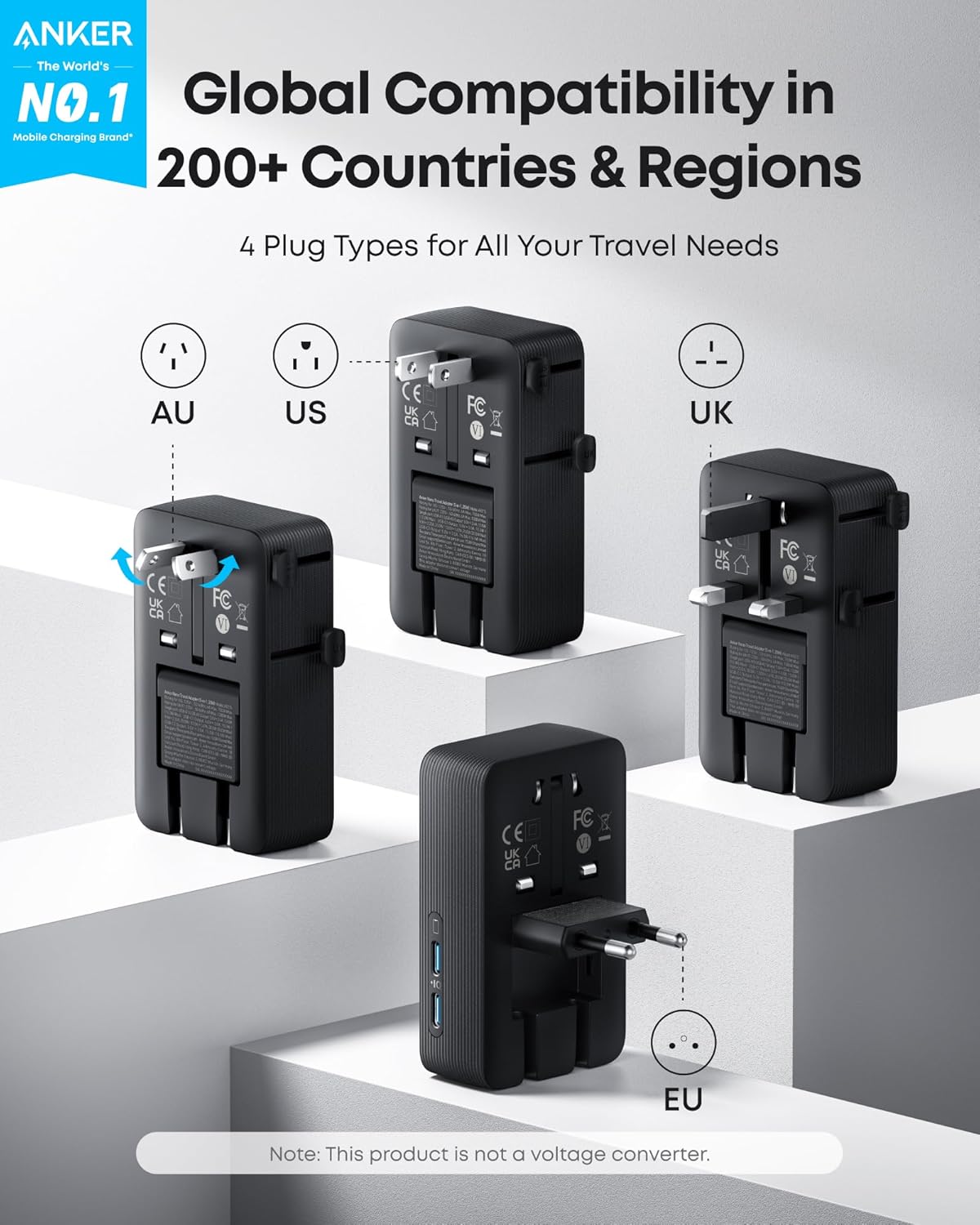 adapter with AU, US, UK, EU plug types for global travel