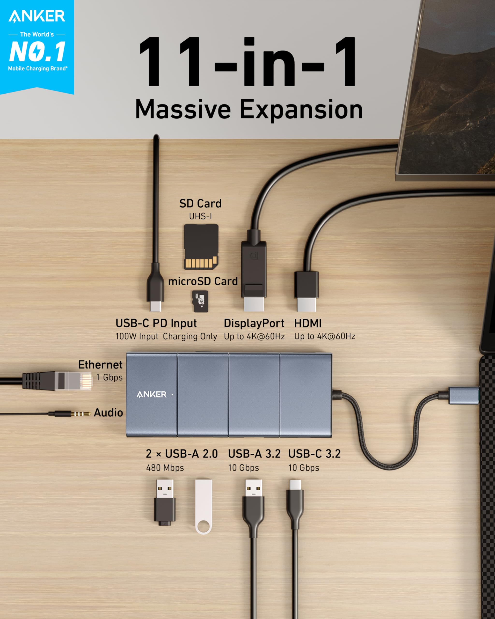 11-in-1 hub with USB-C and HDMI ports for Massive Expansion.