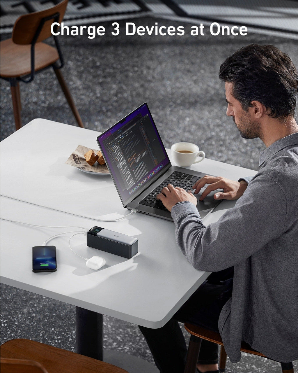 charging 3 devices with laptop and coffee