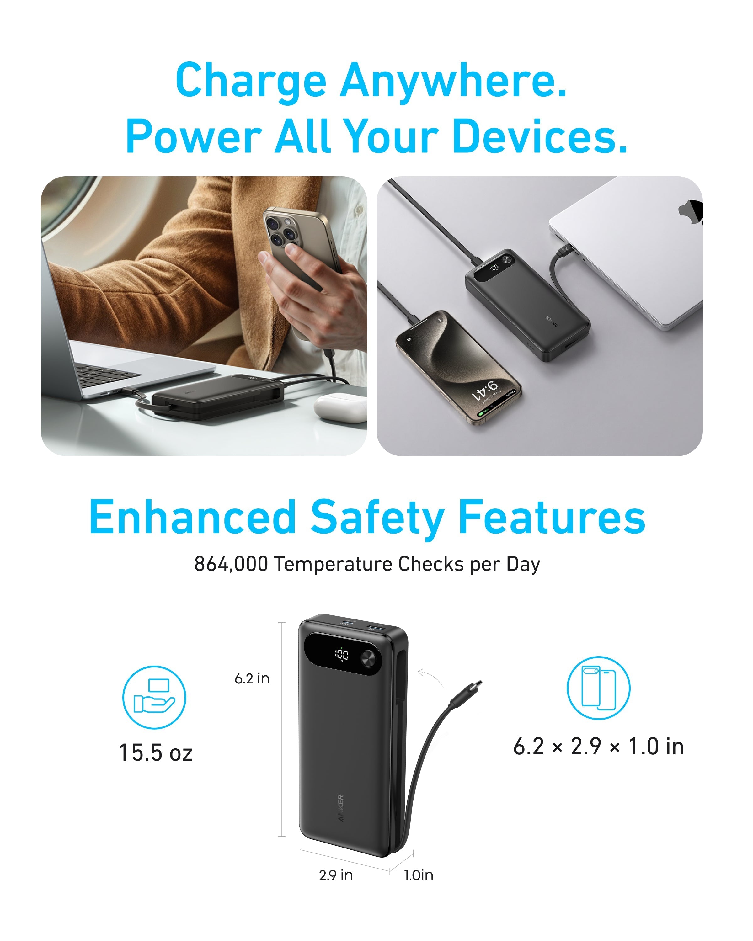 Power Bank (20K, 87W, Built-In USB-C Cable) | Customizable