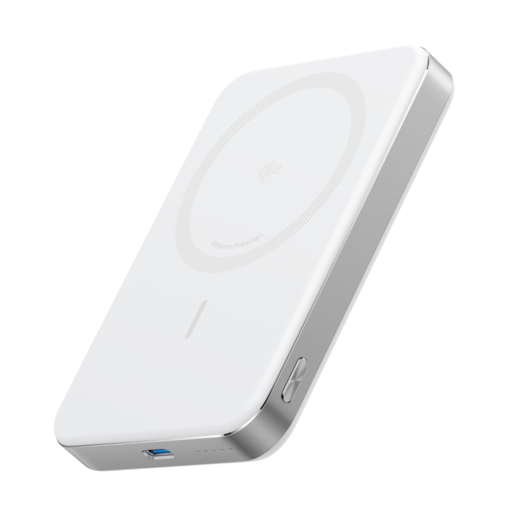 wireless power bank with sleek white design and USB-C port