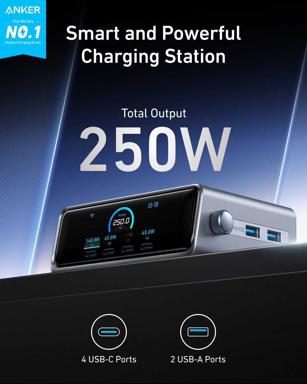 smart charging station with total output 250W, 4 USB-C ports