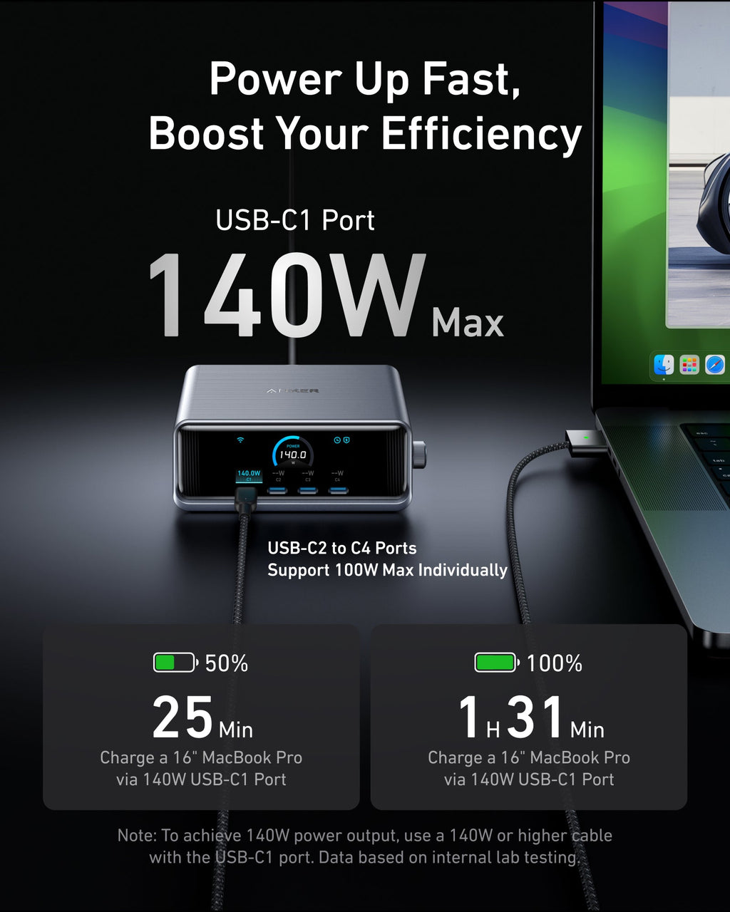 charging station with 140W USB-C1 port for MacBook Pro