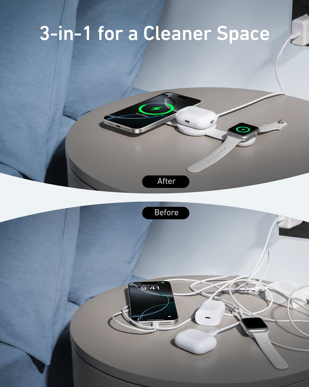3-in-1 charger with organized setup for clean desk