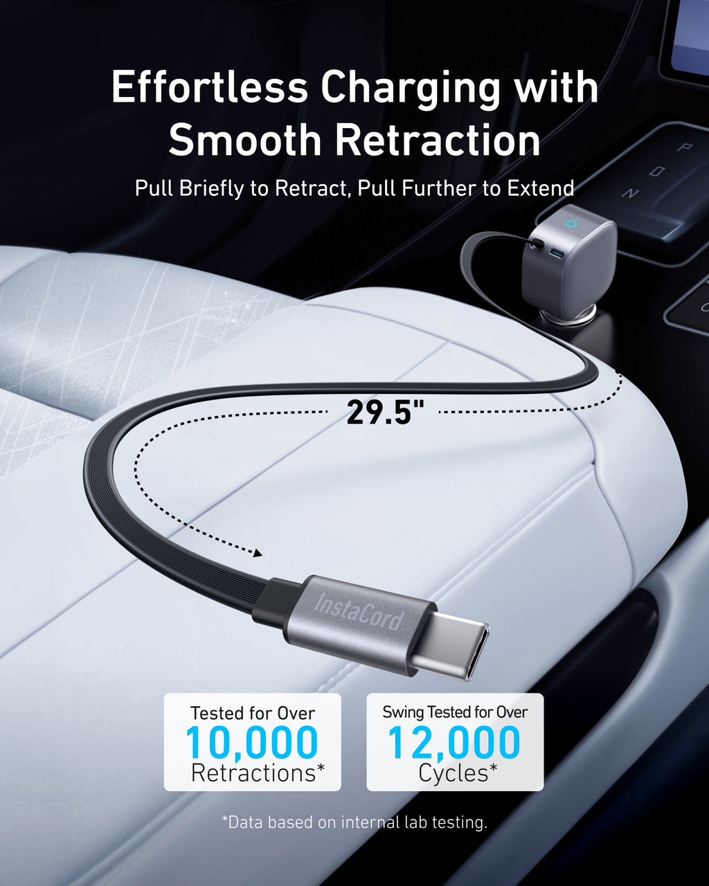 retractable charging cable with 29.5 inch length and USB-C