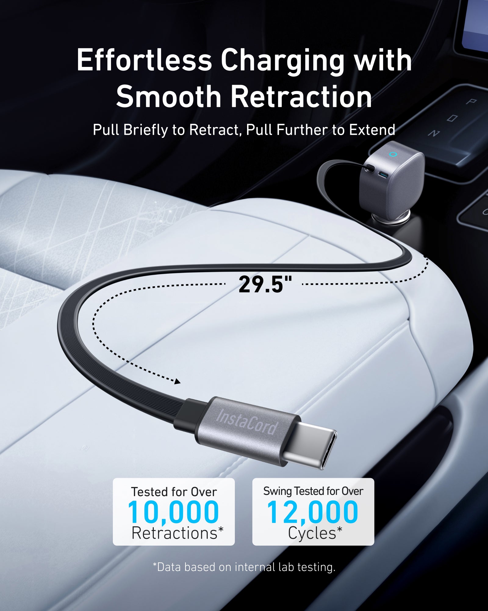 retractable charging cable with 29.5 inch length and USB-C