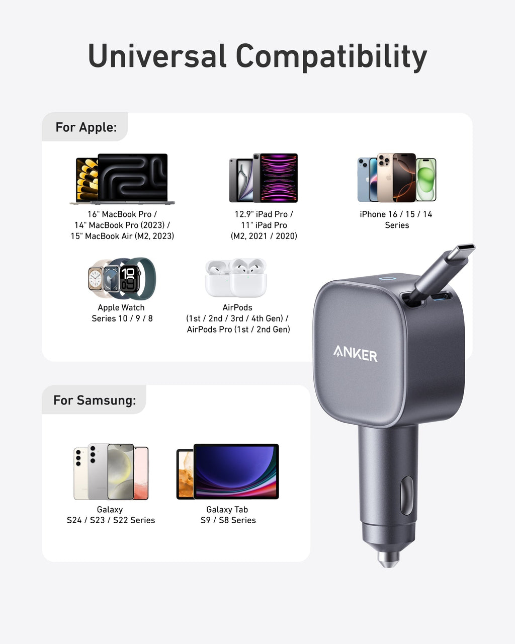 car charger with Apple and Samsung universal compatibility