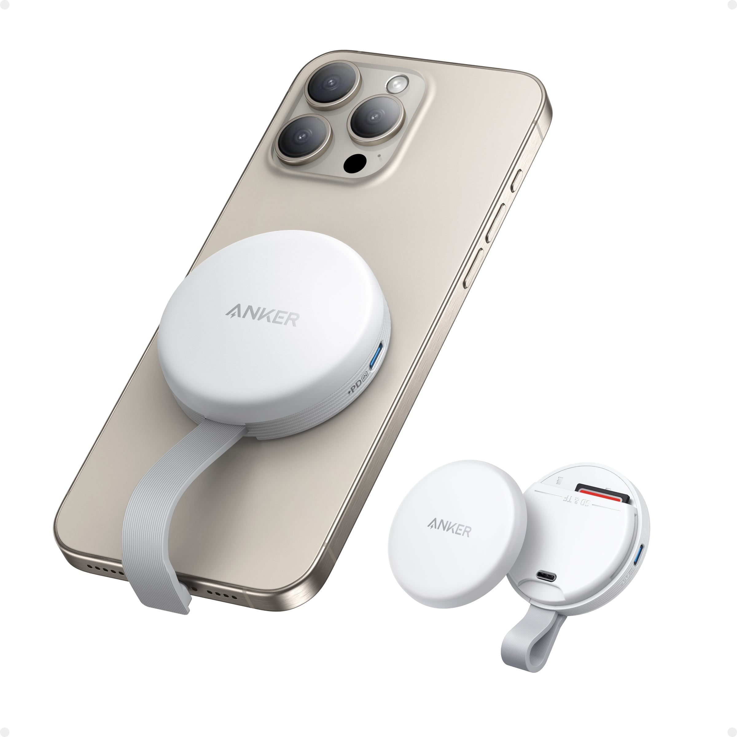 round case attached to smartphone with strap for secure carrying