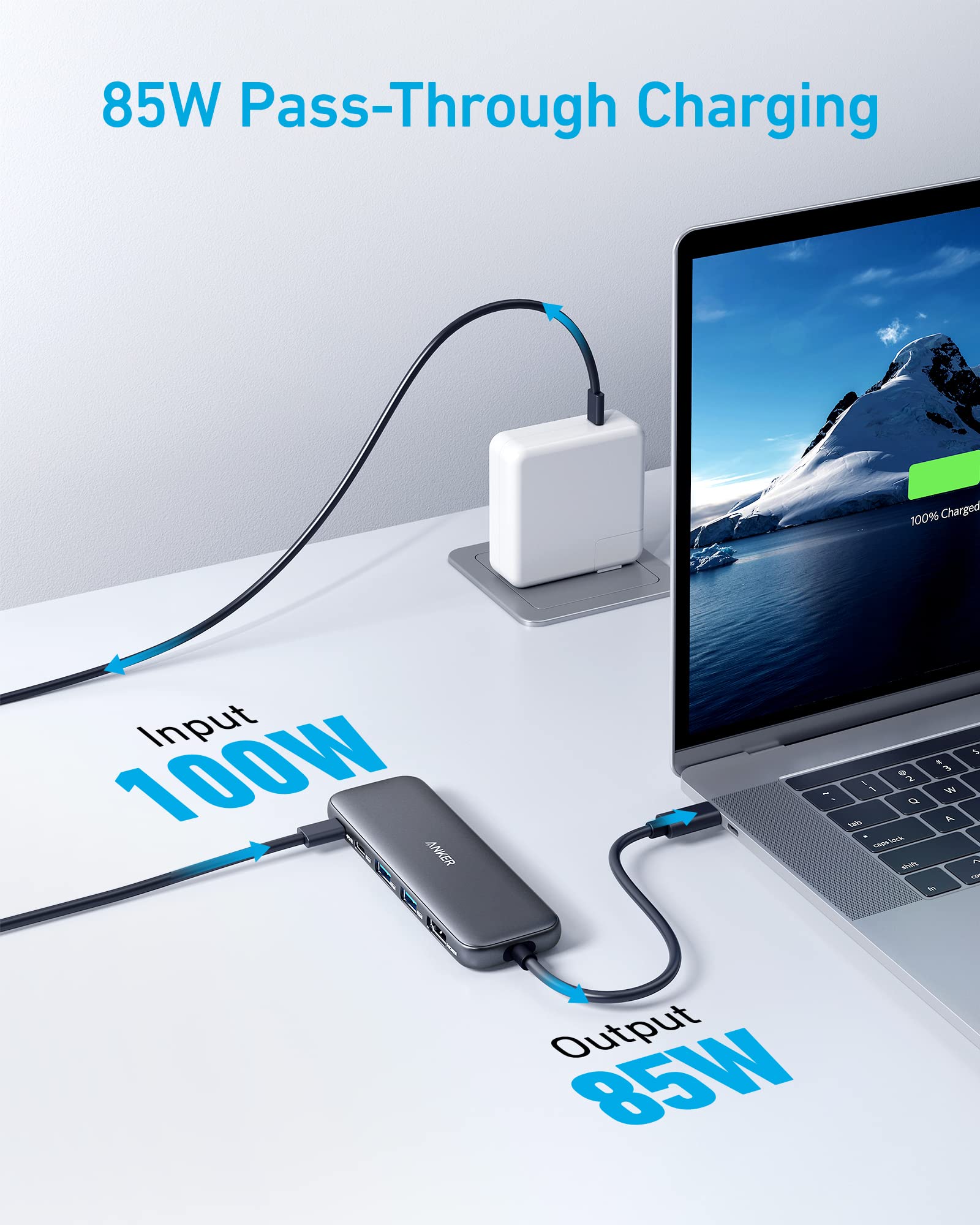 hub with 100W input and 85W output for fast charging