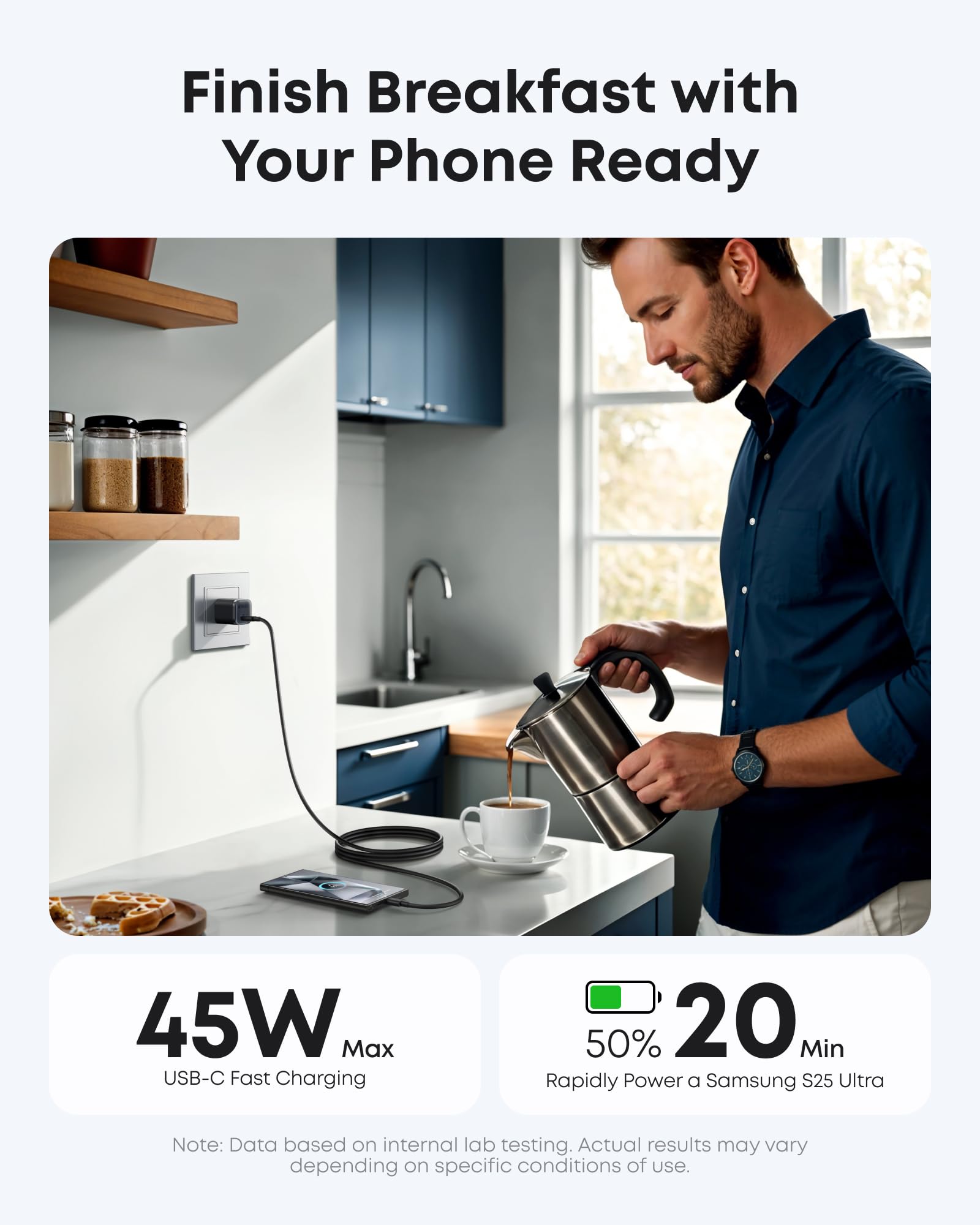 charger with USB-C cable charging Samsung S25 Ultra for breakfast.