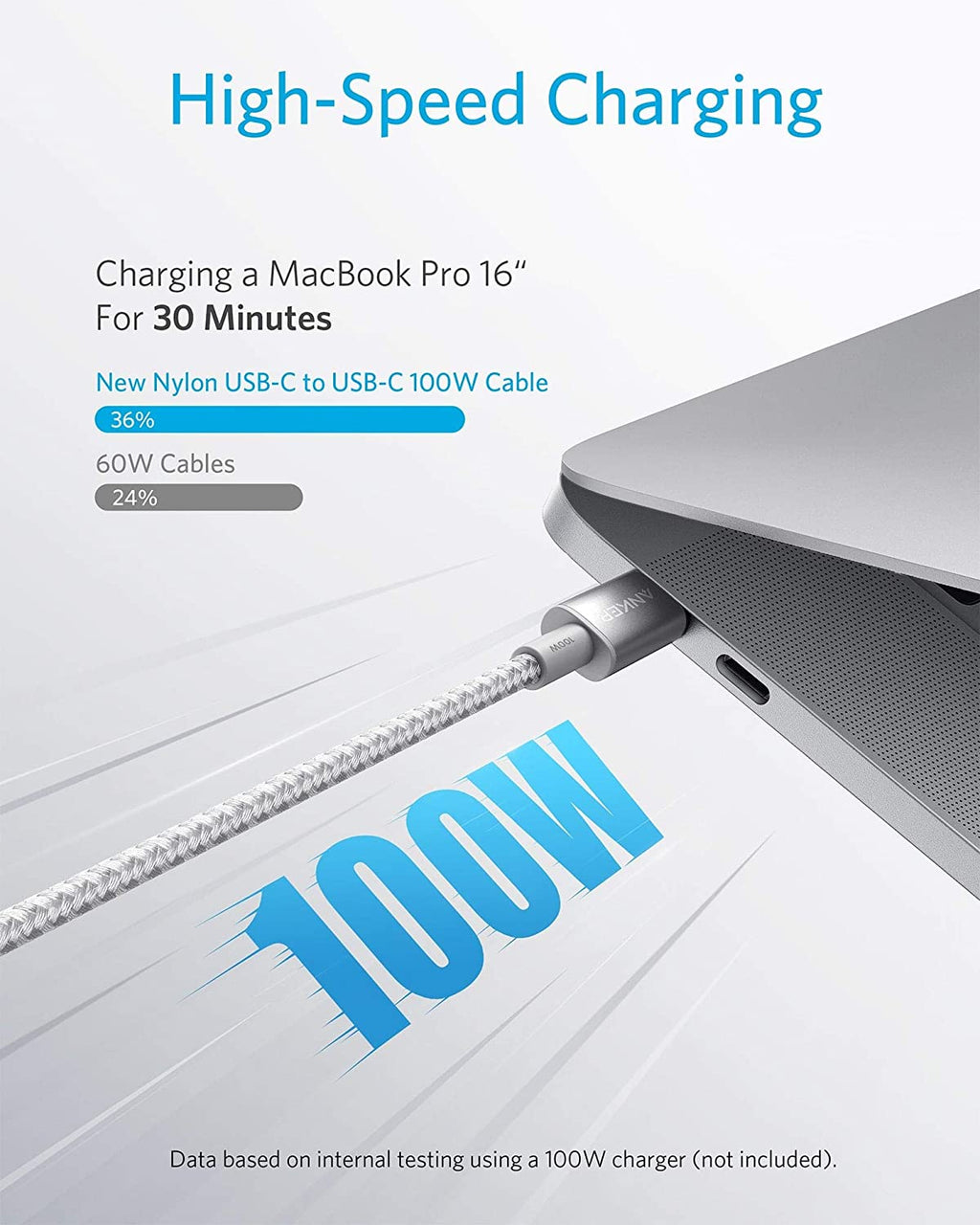 USB-C cable for 100W high-speed charging with laptop
