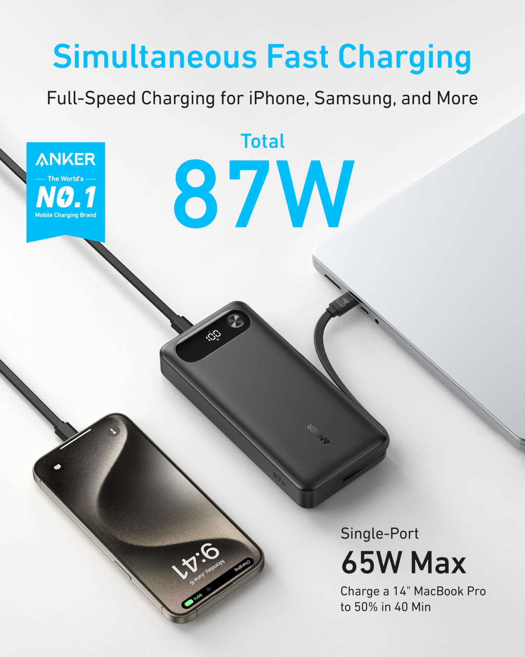 fast charging power bank with 87W for laptops and phones