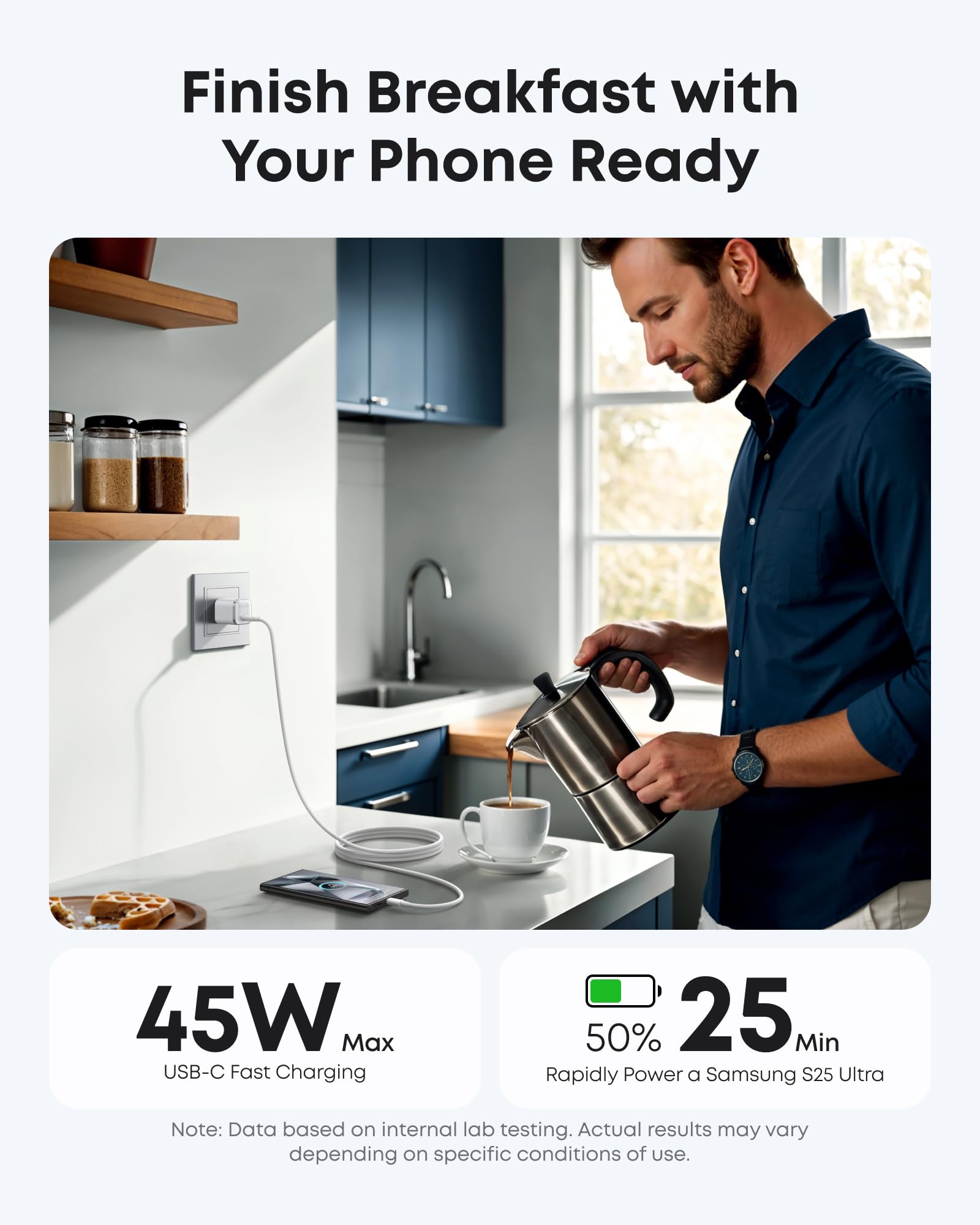 with fast charging cable for breakfast scene